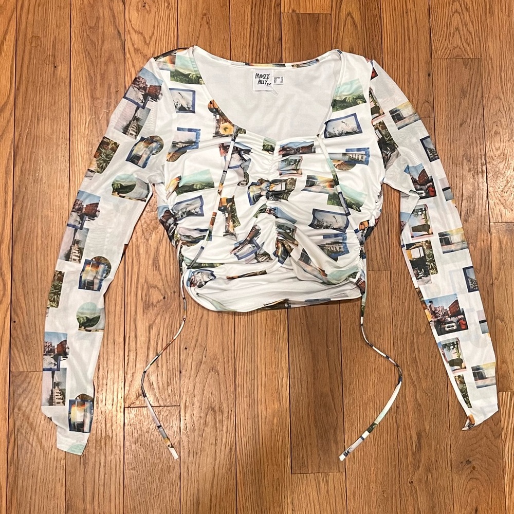 Princess Polly scenic crop top ruche in the front sheer sleeves